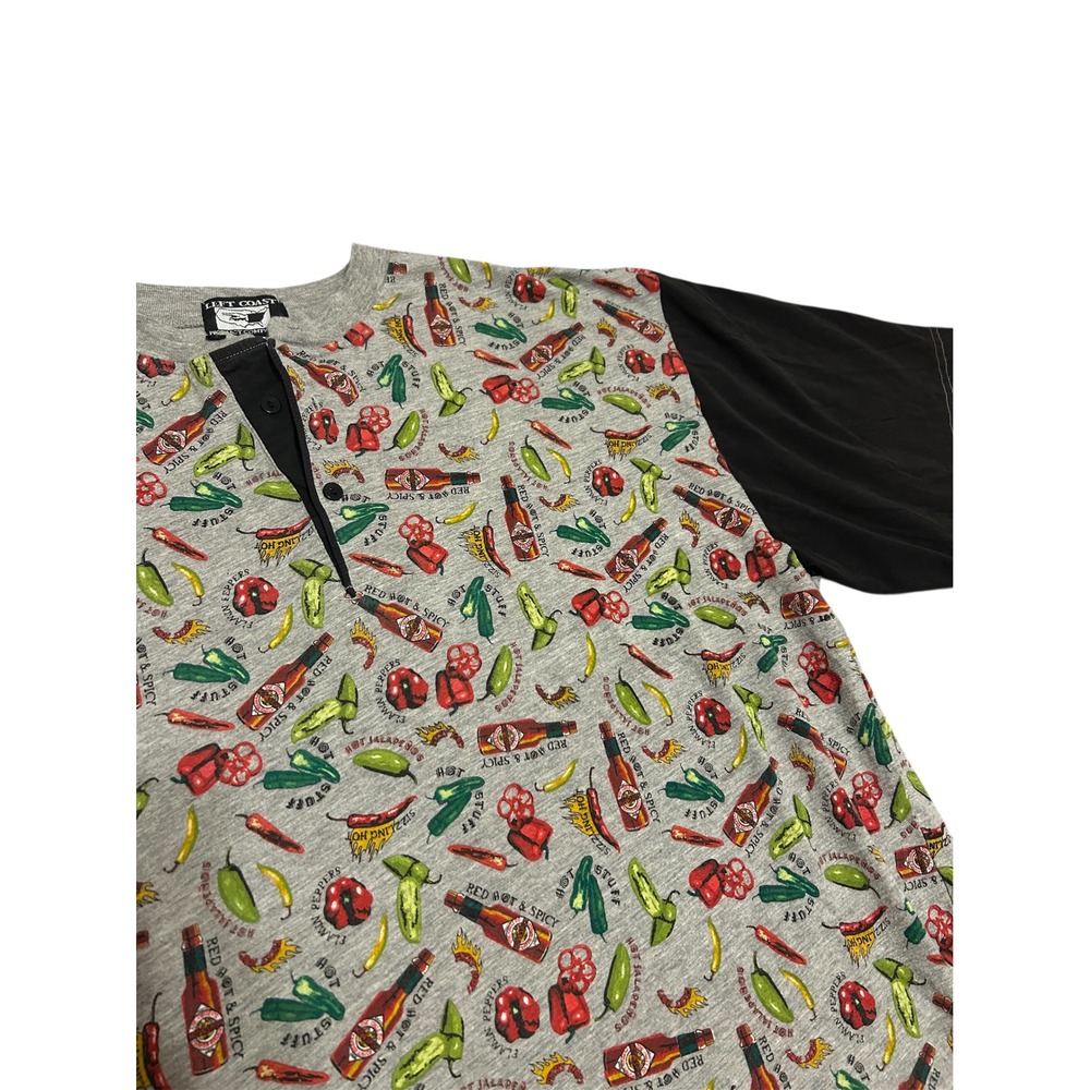 Men's Large Henley‎ novelty spicy tobasco hot sauce jalepeno pepper tee shirt